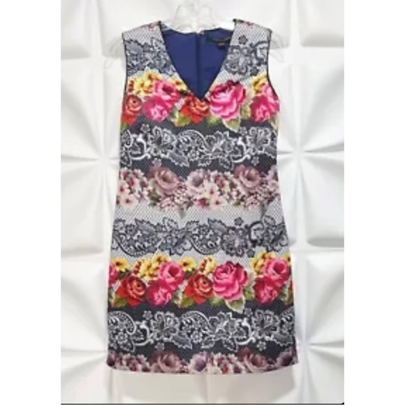 Cynthia Steffee Sz 2 Floral Pixelated Rose Print Shift Sheath Dress V Neck - Picture 3 of 7